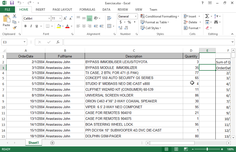 Navigate to the pivot table and apply the options required to display the total of quantities (count) instead of the Sum.