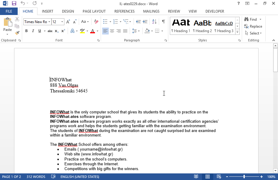 Navigate to the second cell of the first column of the table displaying the text INFO-start, insert the change of paragraph special character after the word INFO- and before the word start. 