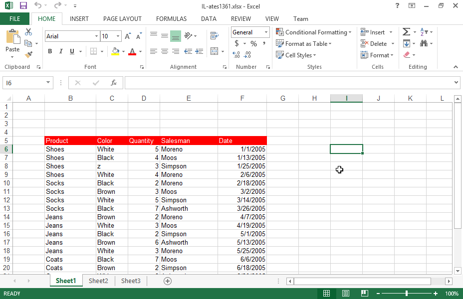 On a new worksheet create a Pivot Table Report based on the data of the cell range B5:F26. Display the Product field in Column Labels, the Salesman field in Row Labels and the Color and Quantity fields in the Values.