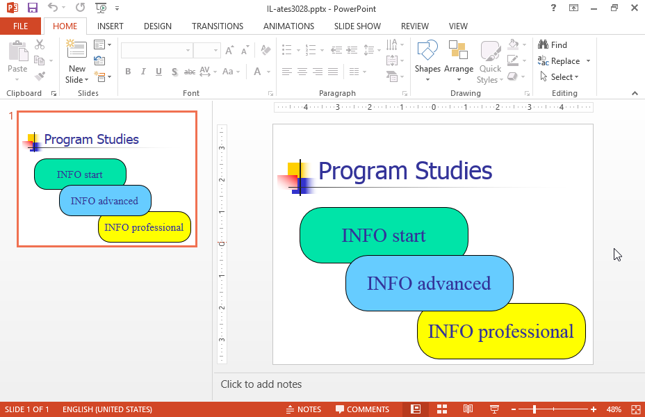 On the current slide place the drawing object which displays the text INFO professional in front of the object which displays the text INFO advanced.