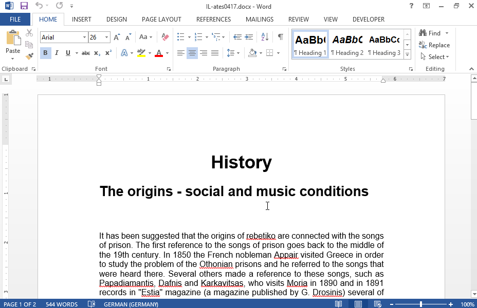 On the second page of the document select the text which begins with The kinds of music... and ends with …. and Piraeus and create a three (3) columns and single (1) row table.