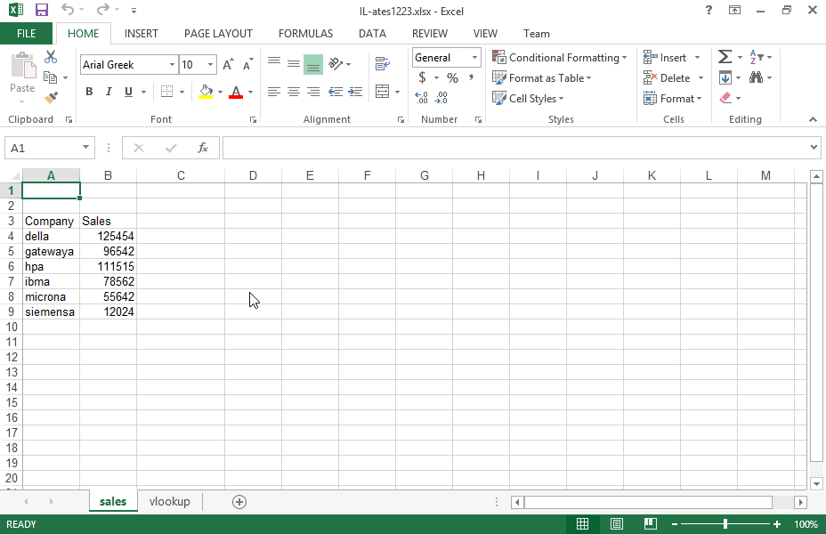 Display the sales of the Della company in the cell Â8 of the vlookup worksheet, with the use of the function vlookup. You will find the sales of the company in the SALES worksheet. Then reproduce the function up to the cell B12.