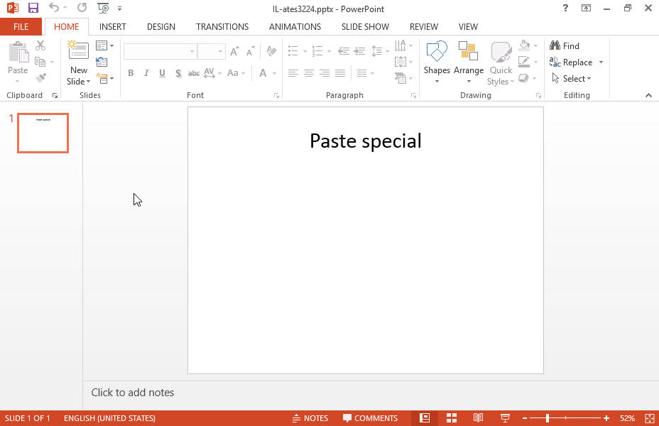 Paste the cell range A1:B4 from the numbers worksheet of the students workbook stored in the IL-ates\Excel folder of your desktop to the current presentation and make sure that any changes in the workbook are displayed on the slide, too.