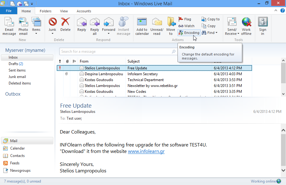Print the message with subject Free Update located in your Inbox to the default printer. Print the message with subject Free Update located in your Inbox to the default printer.