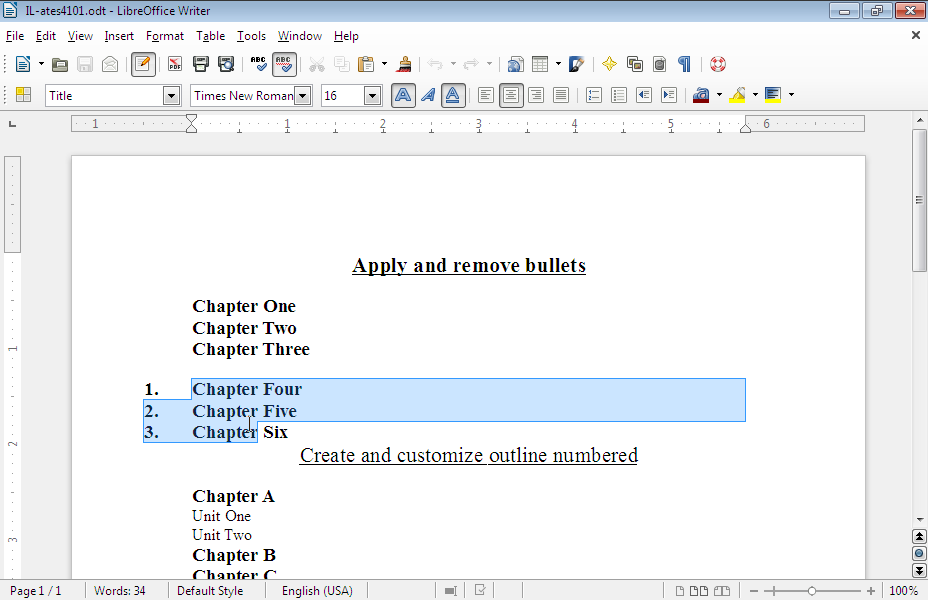 Remove numbering from the text Chapter Four to Chapter Six.