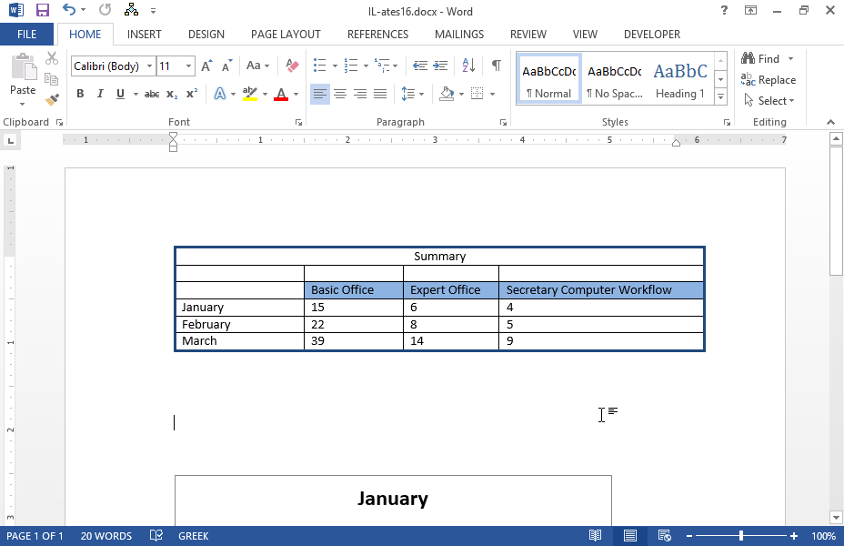 Select the 4 last rows of the table displayed on the Word document and copy them.
Íavigate to the Excel workbook and paste the data to the cell range E10:H13 of the first sheet. 
 
Then use the data contained in the cell range E10:H13 to create a Clustered Column chart. Navigate back to the Word document, delete the existing chart and replace it with the chart you have just created (copy the chart).
 
Save the Word document using the name summary.docx in IL-ates\Files folder on the desktop, attach it to a new email message with the subject Chart and send it to the sales@infolearn.gr address.