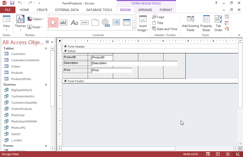 Show the page Header and page Footer of the open form. Save the form. Show the page Header and page Footer of the open form. Save the form.