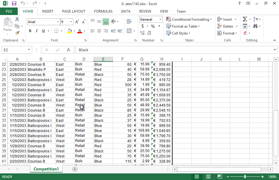 Sort all data of the Competiton1 worksheet firstly by Salesman then by District and lastly by Total. All fields should be sorted in ascending order. Then format the Total field so that the cells displaying a value less than or equal to 1000 are displayed in red font color.