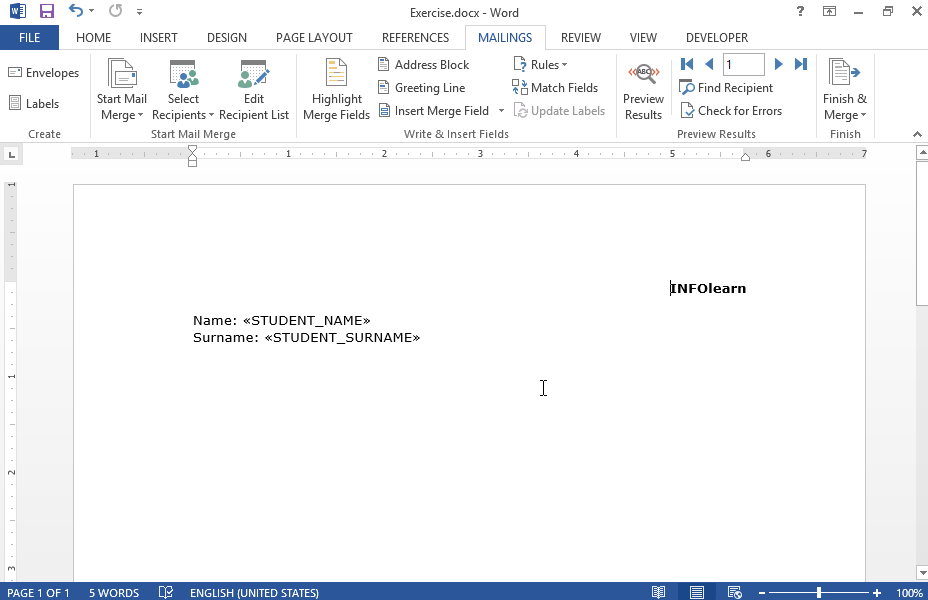Sort the recipient list data by student name in descending order and complete mail merging in a new Word document.