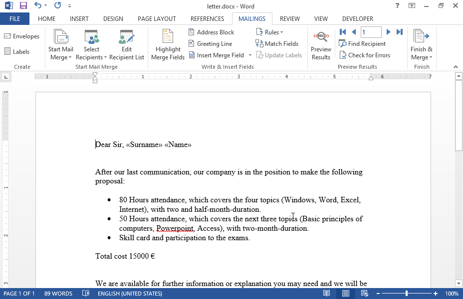 The current document is already set as the main document of Mail Merging and is already linked to the source data file. Complete the Mail Merge to a new document for all merging records.