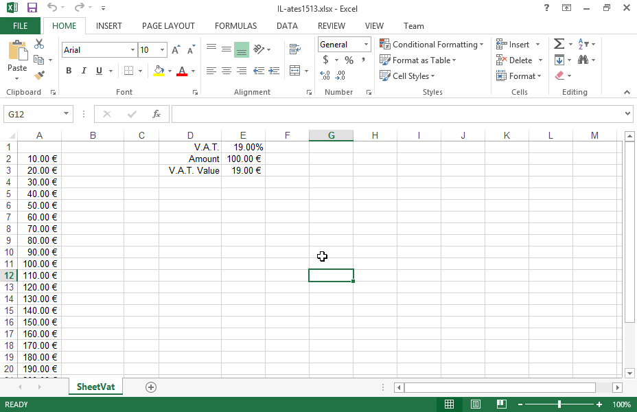 Use a One-Variable Data Table to calculate in the cell range B2:B25 the VAT of the values appearing in the cell range A2:A25. The formula is provided in cell E3 and VAT percentage is displayed in the cell Å1.