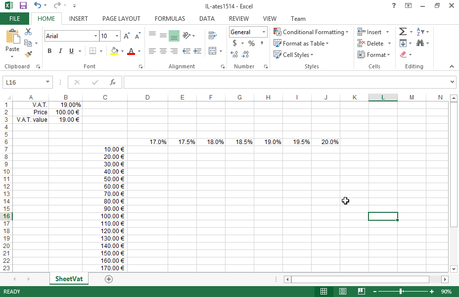 Use a Two-Variable Data Table to calculate in the cell range D7:J30 the VAT of the values appearing in the cell range C7:C30. VAT percentages are provided in the cell range D6:J6. The appropriate formula is provided in the cell B3. Use a Two-Variable Data Table to calculate in the cell range D7:J30 the VAT of the values appearing in the cell range C7:C30. VAT percentages are provided in the cell range D6:J6. The appropriate formula is provided in the cell B3.