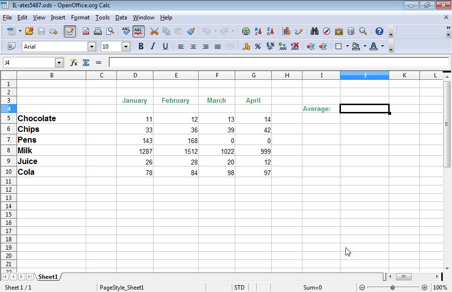 Use the appropriate function in cell J4 to calculate the average number of items sold in April.