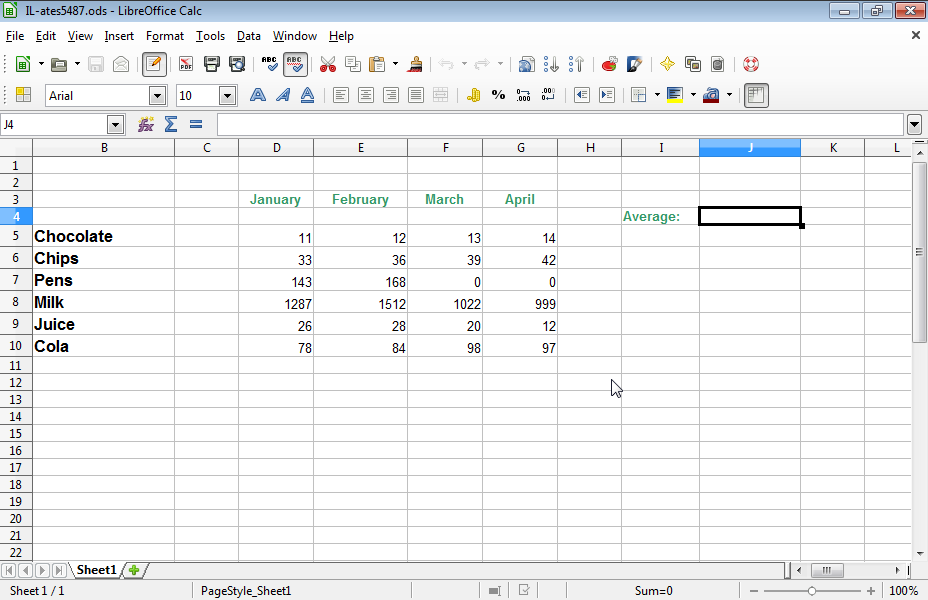 Use the appropriate function in cell J4 to calculate the average number of items sold in April.