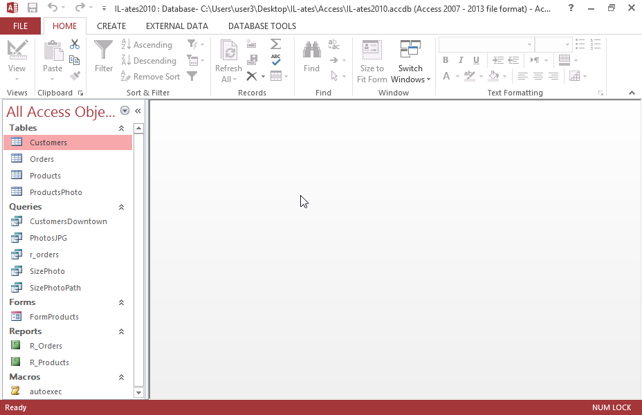 Use the month/day/year form which displays each item in two digits (e.g. 07/14/13) to set an input mask to the OrderDate field of the Orders table. Save and close the table.