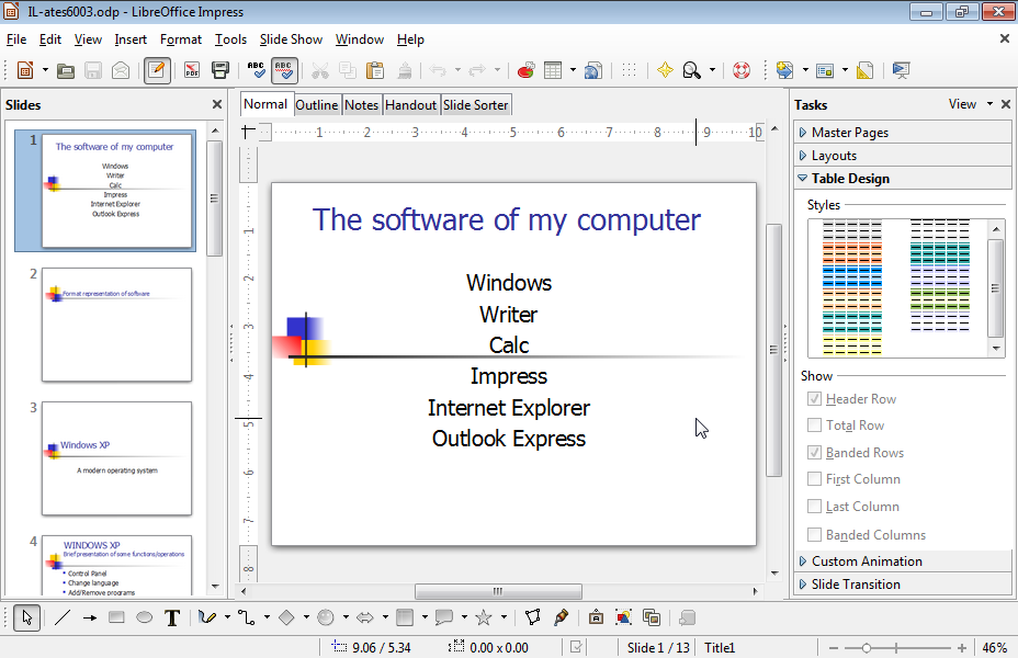 You can see a text box on the first slide of the presentation. Replace the text Writer with the text Text Editing and the text Calc with the text Worksheets.