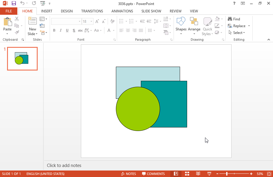 You can see three shapes on the first slide of the current presentation. Change the layout as follows: place the square in the background, the circle in the middle and the rectangle in the foreground of the image. Then group all shapes together.