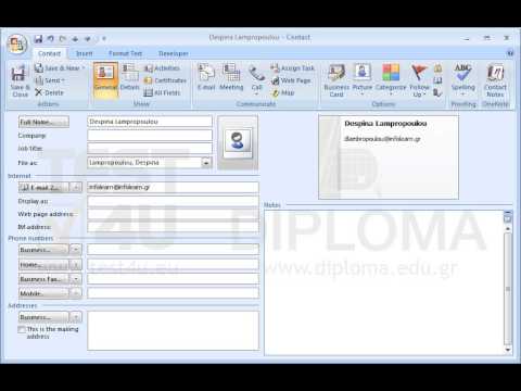 Change Lampropoulou Despina data, which appear in Contacts, inserting 2310888771 as business (work) telephone number and infolearn@infolearn.gr as second e-mail address.