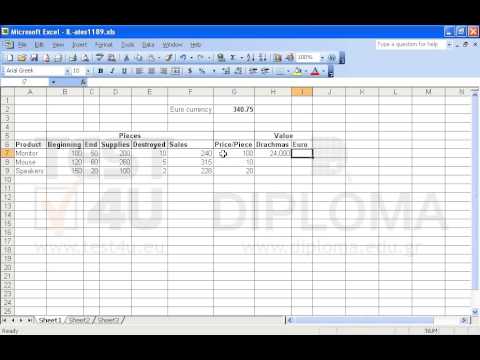 Given that sales equal to beginning pieces + supplies - end pieces - destroyed pieces, enter a formula in the cell range F7:F9 that returns the sales for each product. 
Enter a formula in the cell range H7:H9 that returns the sales value in Drachmas and use the result to calculate the sales value in Euros in the cell range I7:I9. (the euro-drachma exchange rate is provided in the cell G2)