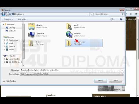 Save the current page as complete webpage under the name test.htm to the TEST4UFolder folder to your desktop.