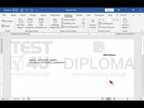 Insert a new entry:
student name: Pavlos
student surname: Tsakalidis
into the recipient list which is already linked to the current document. Then complete mail merge to a new Word document. Insert a new entry:
student name: Pavlos
student surname: Tsakalidis
into the recipient list which is already linked to the current document. Then complete mail merge to a new Word document.