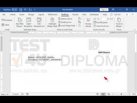 Insert a new entry: 
 student name: Pavlos
 student surname: Tsakalidis
into the recipient list which is already linked to the current document. Then complete mail merge to a new Word document.