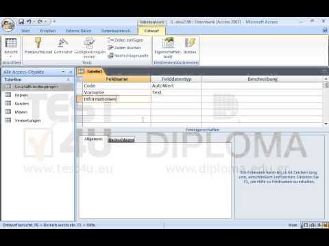 Erstellen Sie eine neue Tabelle mit folgenden Feldnamen und Felddatentypen:
Erstes Feld:Name: Code,Datentyp: AutoWert.
Zweites Feld:Name: Vorname,Datentyp: Text.
Drittes Feld:Name: Informationen,Datentyp: Memo.
Speichern Sie die Tabelle unter dem Namen Namen und schließen Sie sie. Erstellen Sie eine neue Tabelle mit folgenden Feldnamen und Felddatentypen:
Erstes Feld:Name: Code,Datentyp: AutoWert.
Zweites Feld:Name: Vorname,Datentyp: Text.
Drittes Feld:Name: Informationen,Datentyp: Memo.
Speichern Sie die Tabelle unter dem Namen Namen und schließen Sie sie.