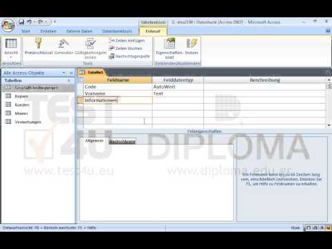 Erstellen Sie eine neue Tabelle mit folgenden Feldnamen und Felddatentypen:
Erstes Feld:Name: Code,Datentyp: AutoWert.
Zweites Feld:Name: Vorname,Datentyp: Text.
Drittes Feld:Name: Informationen,Datentyp: Memo.
Speichern Sie die Tabelle unter dem Namen Namen und schließen Sie sie. 