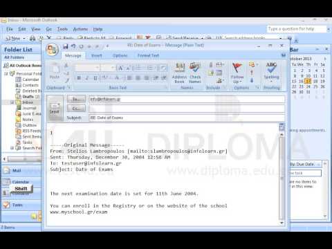 Reply to the email with subject Date of Exams located in the Inbox folder inserting the text I will stop by the Computer school at the beginning of the new email message.