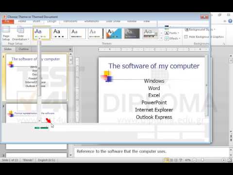 On the current presentation apply the template1.potx template (theme) stored in the IL-ates\PowerPoint folder on your desktop. On the current presentation apply the template1.potx template (theme) stored in the IL-ates\PowerPoint folder on your desktop.