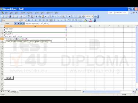In the cell A5 insert the appropriate function that joins the text of the cells A1, A2, A3, A4.
In the cell A6 insert the appropriate formula (not a function) that joins the text of the cells A1, A2, A3, A4. In the cell A5 insert the appropriate function that joins the text of the cells A1, A2, A3, A4.
In the cell A6 insert the appropriate formula (not a function) that joins the text of the cells A1, A2, A3, A4.