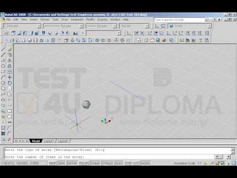 Ανοίξτε το αρχείο με όνομα TEST 103.dwg από τον φάκελο IL-ates\CAD της επιφάνειας εργασίας και χρησιμοποιώντας την κατάλληλη εντολή, δημιουργήστε μια τρισδιάστατη κυκλική διάταξη του αντικειμένου, με τα εξής χαρακτηριστικά: Πλήθος στοιχείων διάταξης 5,
Επίκεντρη γωνία διάταξης 360°. Κέντρο της διάταξης και δεύτερο σημείο άξονα καθορίστε της δύο άκρες της μπλε σχεδιασμένης γραμμής. Ανοίξτε το αρχείο με όνομα TEST 103.dwg από τον φάκελο IL-ates\CAD της επιφάνειας εργασίας και χρησιμοποιώντας την κατάλληλη εντολή, δημιουργήστε μια τρισδιάστατη κυκλική διάταξη του αντικειμένου, με τα εξής χαρακτηριστικά: Πλήθος στοιχείων διάταξης 5,
Επίκεντρη γωνία διάταξης 360°. Κέντρο της διάταξης και δεύτερο σημείο άξονα καθορίστε της δύο άκρες της μπλε σχεδιασμένης γραμμής.