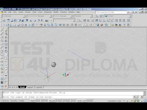 Ανοίξτε το αρχείο με όνομα TEST 103.dwg από τον φάκελο IL-ates\CAD της επιφάνειας εργασίας και χρησιμοποιώντας την κατάλληλη εντολή, δημιουργήστε μια τρισδιάστατη κυκλική διάταξη του αντικειμένου, με τα εξής χαρακτηριστικά: Πλήθος στοιχείων διάταξης 5, 
Επίκεντρη γωνία διάταξης 360°. Κέντρο της διάταξης και δεύτερο σημείο άξονα καθορίστε της δύο άκρες της μπλε σχεδιασμένης γραμμής.