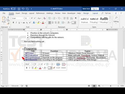 Insert the text INFO-business in the first cell of the empty row of the table, the text according to the program in the following cell and the text OAED (program 0,45), Web Design in the last one. 
Apply dark blue color in the phrase INFO-business which appears on the table. 