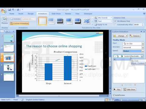 Create a new presentation similar to the one in the Presentation.wmv file stored in the IL-ates\PowerPoint folder on your desktop. The files you will need are stored in the same folder as well. 
Make sure the table of the fifth slide is linked to the Excel file stored in the IL-ates\PowerPoint folder of your desktop.