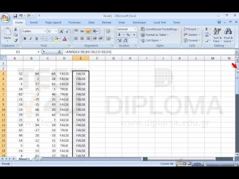 Insert the appropriate function in the cell E3 that returns the value TRUE if the content of
cell A3 is greater than 10 and the content of
cell B3 is greater than 10 and the content of
cell C3 is greater than 10 and the content of
cell D3 is TRUE. 
Otherwise the function should return the value FALSE. 
Reproduce that function up to the cell E50. Finally, insert a function in the cell E1 that returns the value TRUE if the value TRUE is displayed at least once in the cell range E3:E50. (use only the AND and OR functions)