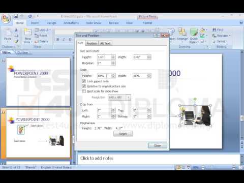 Adjust the size of the graphic (photograph) which appears on the slide titled POWERPOINT 2000 up to 70% of its original size.