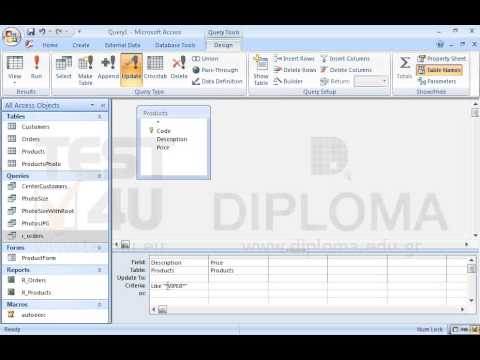 Create a new query named update2 that will locate all records where the Description field value of the Products table contains the word VIPER and update the Price field with Price * 1.1
Run the query only once.
