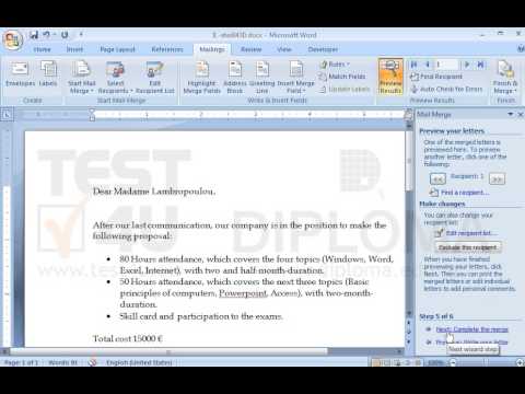 Use the current document as letter form. Use the recipients file saved in the IL-ates\Word folder on your desktop, as recipient list. 
After the text Dear Madame insert the field Surname. Merge it in a new document and save it as Emails to the IL-ates\Word folder on your desktop.