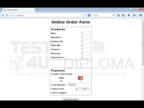 Fill in the order form to order 5 mice. You will pay by a visa credit card, displaying credit card number 123456789, expiry date 11/2020 and Credit Card Verification Number 111 (three digits appearing on the back of the card). Then, click the Purchase Now button to complete your order. Fill in the order form to order 5 mice. You will pay by a visa credit card, displaying credit card number 123456789, expiry date 11/2020 and Credit Card Verification Number 111 (three digits appearing on the back of the card). Then, click the Purchase Now button to complete your order.