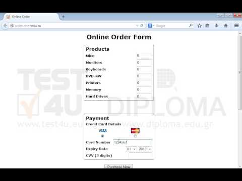 Fill in the order form to order 5 mice. You will pay by a visa credit card, displaying credit card number 123456789, expiry date 11/2020 and Credit Card Verification Number 111 (three digits appearing on the back of the card). Then, click the Purchase Now button to complete your order.