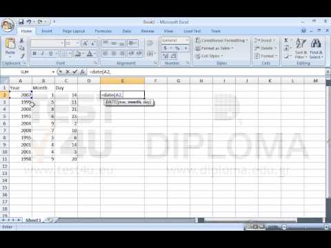 Insert an appropriate function in the cell E2 to return the date for the values of the cell range A2:C2. Reproduce the function in the cell range E3:E11.