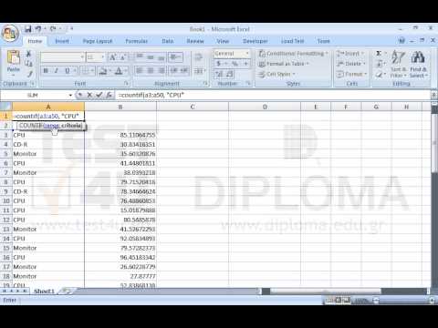 Insert the appropriate function in the cell A1 that returns how many times the value CPU is displayed in the cell range A3:A50. Insert the appropriate function in the cell B1 that returns the count of cells containing values less than or equal to 20 in the cell range B3:B50.