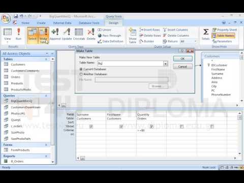 Modify the BigQuantitiesQ query so that when it is executed a new table named BigQuantities is created. The new table will contain all records where the quantity value is higher than or equal to 80. Save and run the query. Modify the BigQuantitiesQ query so that when it is executed a new table named BigQuantities is created. The new table will contain all records where the quantity value is higher than or equal to 80. Save and run the query.