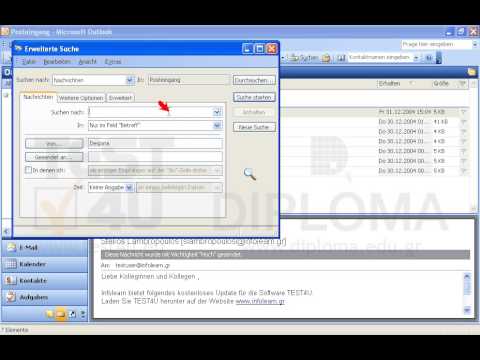 Suchen Sie über das Dialogfenster Suche nach allen Nachrichten von Despina, die sich im Ordner Posteingang (nicht in seinen Unterordnern) befinden, bei deren Betreff das Wort INFOlearn vorkommt und schließen Sie das Dialogfenster nicht. 