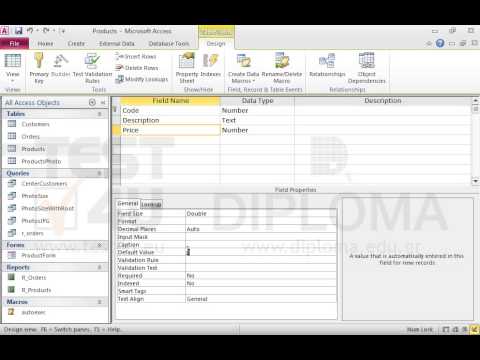 Navigate to the Price field of the Products table and set the appropriate validation rule to allow the input of prices equal or higher than 0 and equal or lower than 1000. Use the phrase Wrong price as validation text, the value 100 as default value. Set the appropriate property to require data entry in this field.
Finally, set an Index that allows duplicates. Change the respective field values to make sure that an error message is not displayed when saving the table due to the validation rule. Save and close the table. Navigate to the Price field of the Products table and set the appropriate validation rule to allow the input of prices equal or higher than 0 and equal or lower than 1000. Use the phrase Wrong price as validation text, the value 100 as default value. Set the appropriate property to require data entry in this field.
Finally, set an Index that allows duplicates. Change the respective field values to make sure that an error message is not displayed when saving the table due to the validation rule. Save and close the table.