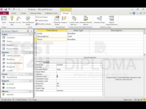 Navigate to the Price field of the Products table and set the appropriate validation rule to allow the input of prices equal or higher than 0 and equal or lower than 1000. Use the phrase Wrong price as validation text, the value 100 as default value. Set the appropriate property to require data entry in this field.
Finally, set an Index that allows duplicates. Change the respective field values to make sure that an error message is not displayed when saving the table due to the validation rule. Save and close the table.