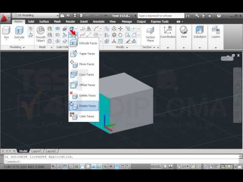 Ανοίξτε το αρχείο με όνομα TEST 112.dwg από τον φάκελο IL-ates\CAD της επιφάνειας εργασίας και χρησιμοποιώντας την κατάλληλη εντολή από την διαδικασία επεξεργασίας στερεών (Solidedit), περιστρέψτε την πράσινη επιφάνεια του στερεού με γωνία περιστροφής -30°. Καθορίστε ως άξονα περιστροφής την μπλε σχεδιασμένη γραμμή. Αποδεχθείτε τις υπόλοιπες προτεινόμενες τιμές. Μετά την περιστροφή, διαγράψτε την μπλε γραμμή.