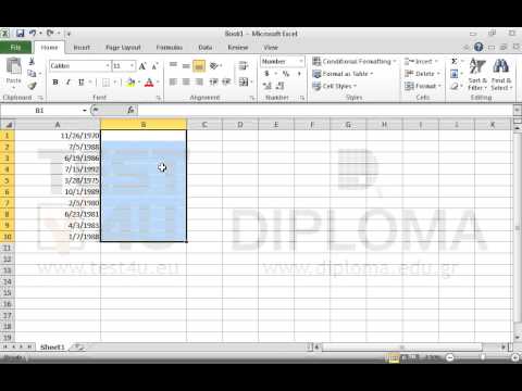 Format the cell range B1:B10 so that numbers are displayed with 4 decimal places and a thousand separator. Then insert the appropriate function in this cell range to display the difference in days between the date in column A and the current date and time.