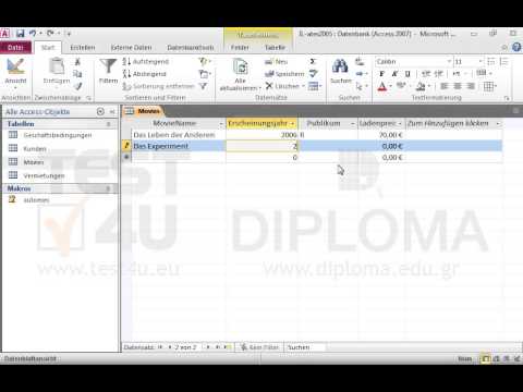 Fügen Sie folgende Datensätze zur Tabelle Movies hinzu:
MovieNameErscheinungsjahrPublikumLadenpreis
Das Leben der Anderen2006R70,00 €
Das Experiment2001R55,00 €
Die fetten Jahre sind vorbei2004R60,00 €
 
Speichern Sie die Datensätze. 